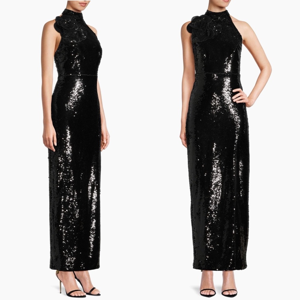 Milly Sabine Sequined Rosette Column Gown in black size 6 NWT